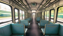 Interior de un vagón de tren en movimiento